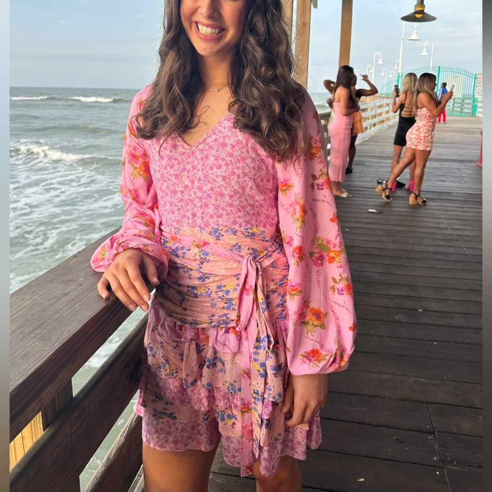 Red Dress Boutique Pink Floral Long Sleeve Wrap Mini Dress